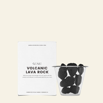 Container of volcanic lava rocks with packaging labeled &