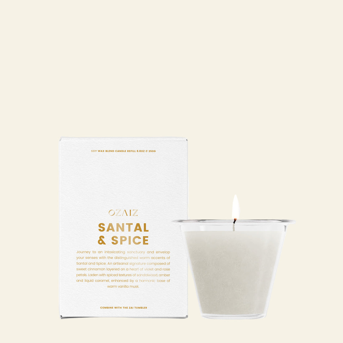 Ozaez Santal &amp; Spice candle with packaging on a white background