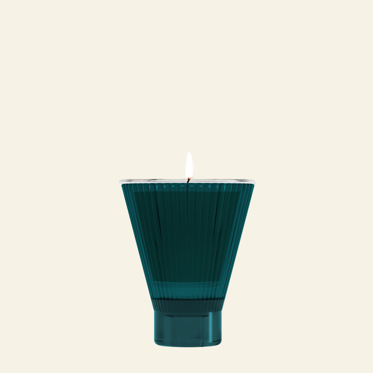 Teal candle with pleated design on a white background