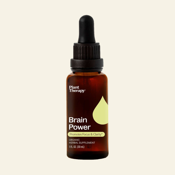 Bottle of Plant Therapy Brain Power supplement on a white background