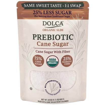 Dolca prebiotic cane sugar package on a white background