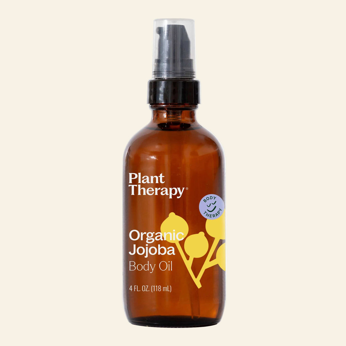 Brown glass bottle of Plant Therapy Organic Jojoba Body Oil on a white background