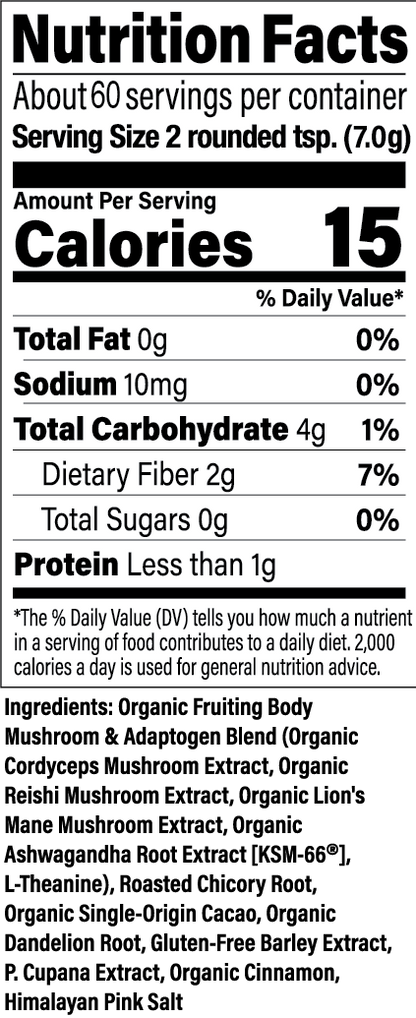 Nutrition facts label for a product with serving size, calories, and ingredient list.