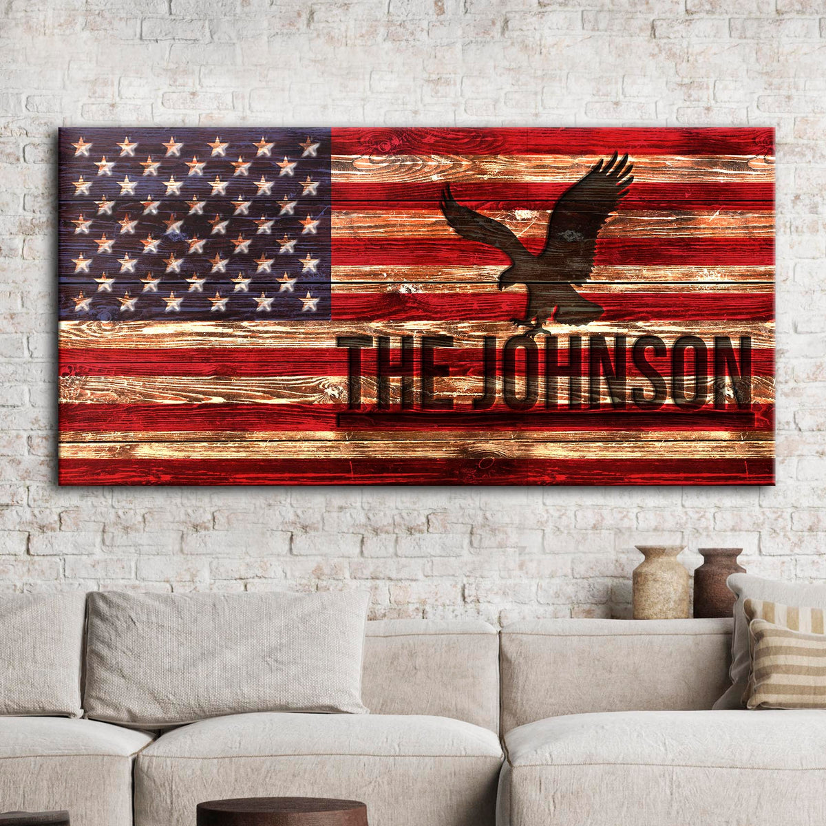 Tailored Canvases Canvas 20x10 inch Medium Premium Gallery Wrapped / Style 1 Rustic American Flag Family Name Sign