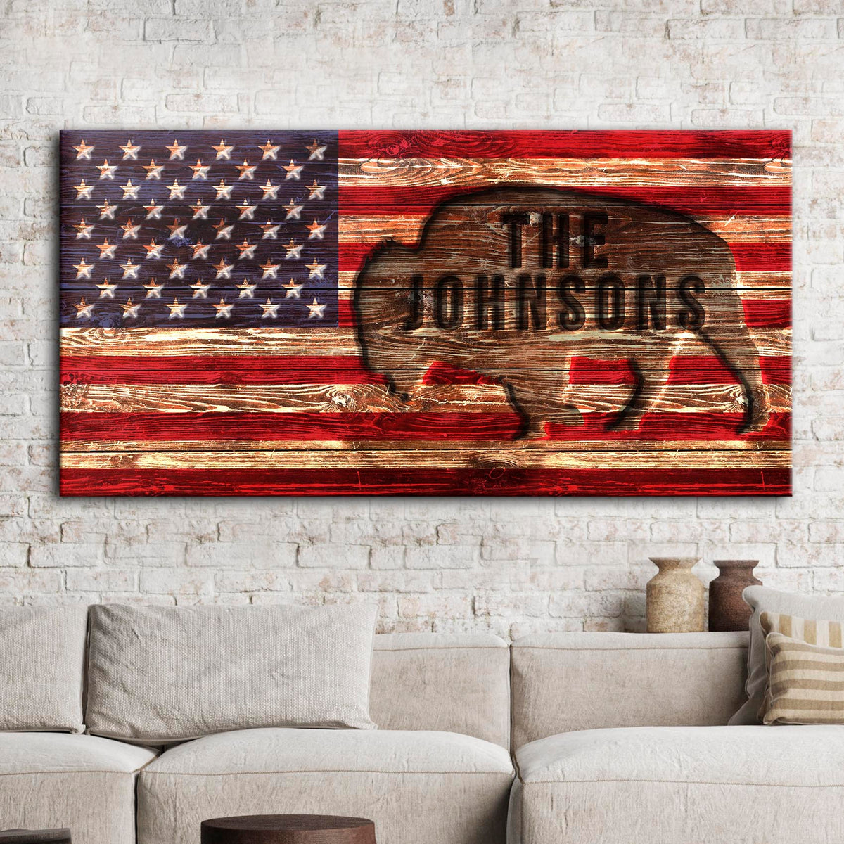 Tailored Canvases Canvas 20x10 inch Medium Premium Gallery Wrapped / Style 2 Rustic American Flag Family Name Sign