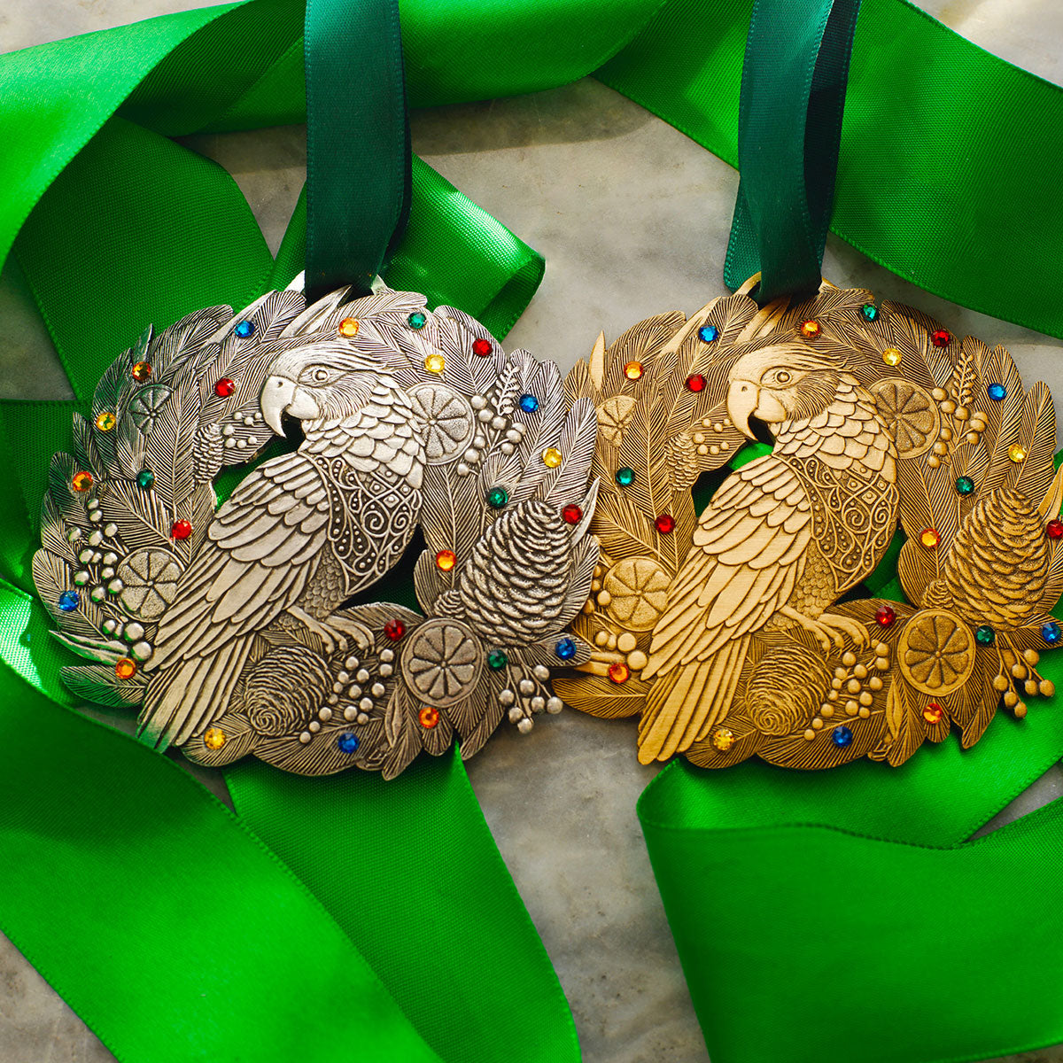 Merry Parrot Ornament with Crystals (Bronze)