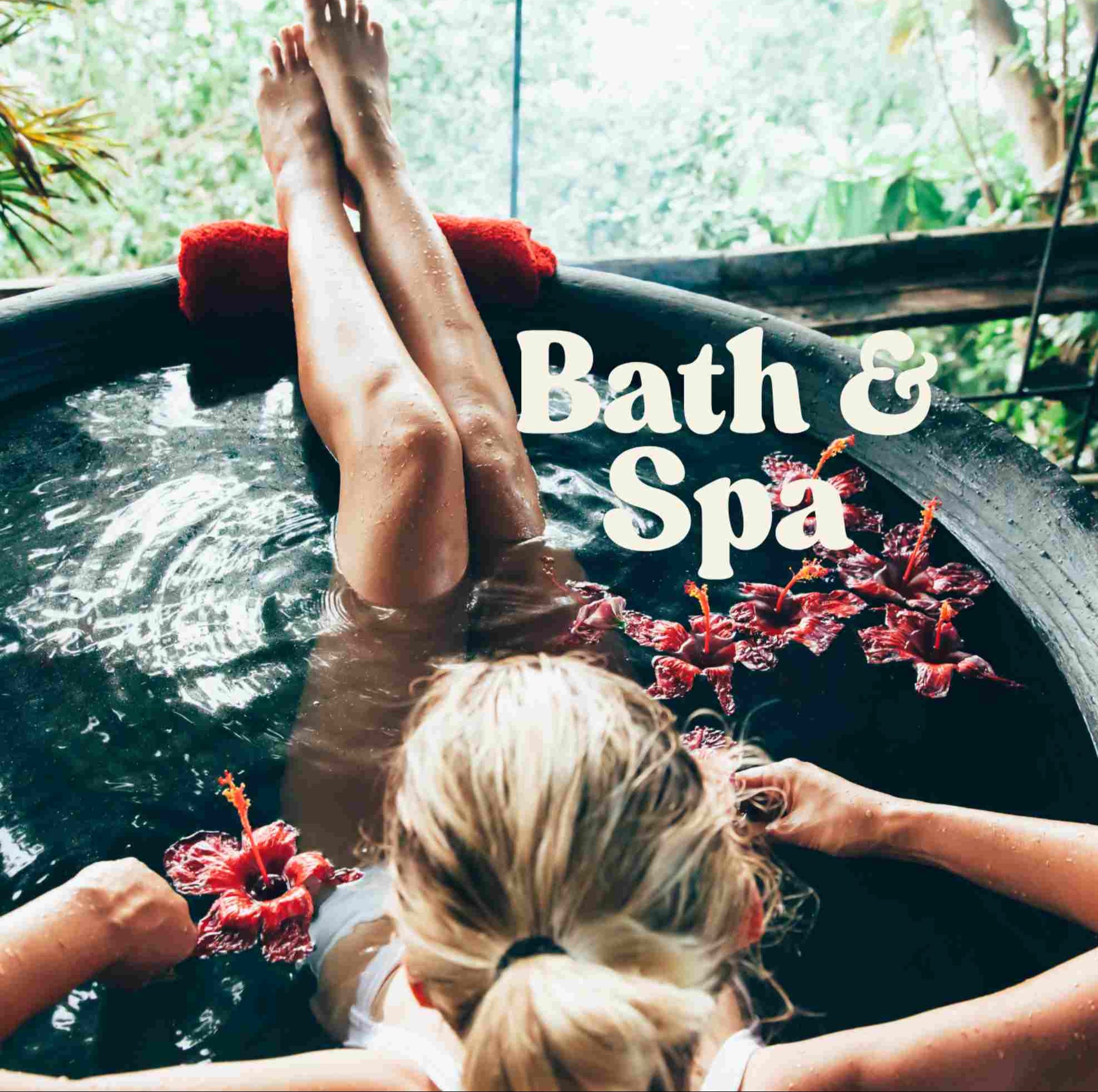 Person relaxing in a hot tub with flowers, text 'Bath & Spa' overlayed.