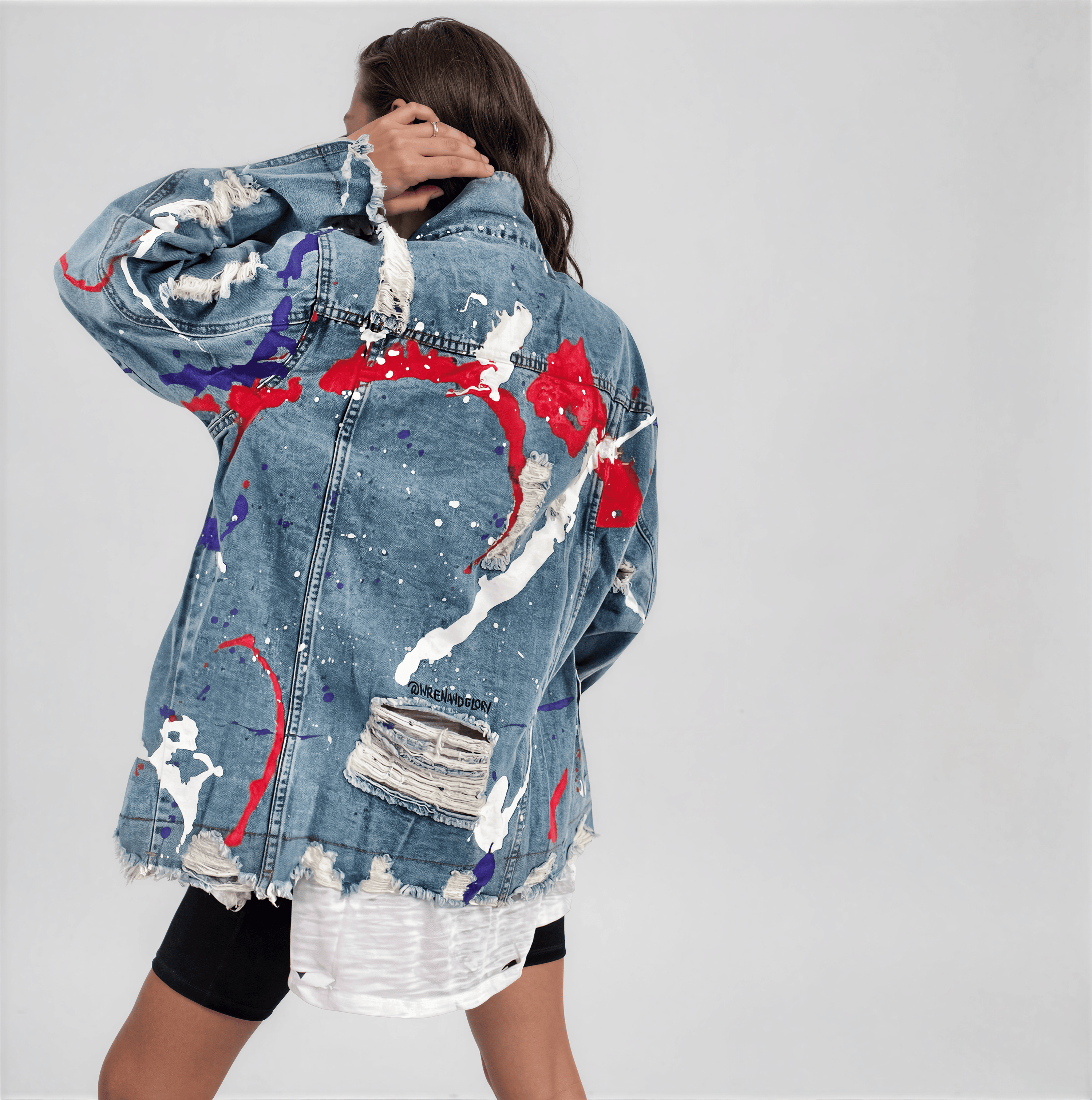 Wren + Glory JACKETS Women’s Oversized Denim Jacket – Hand-Painted Splatter Design – Wren + Glory – Made in USA