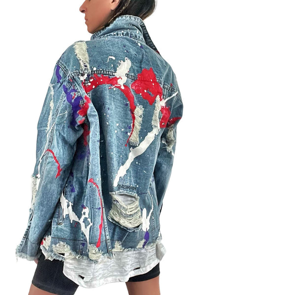 Women’s Oversized Denim Jacket – Hand-Painted Splatter Design – Wren + Glory – Made in USA - My American Goods