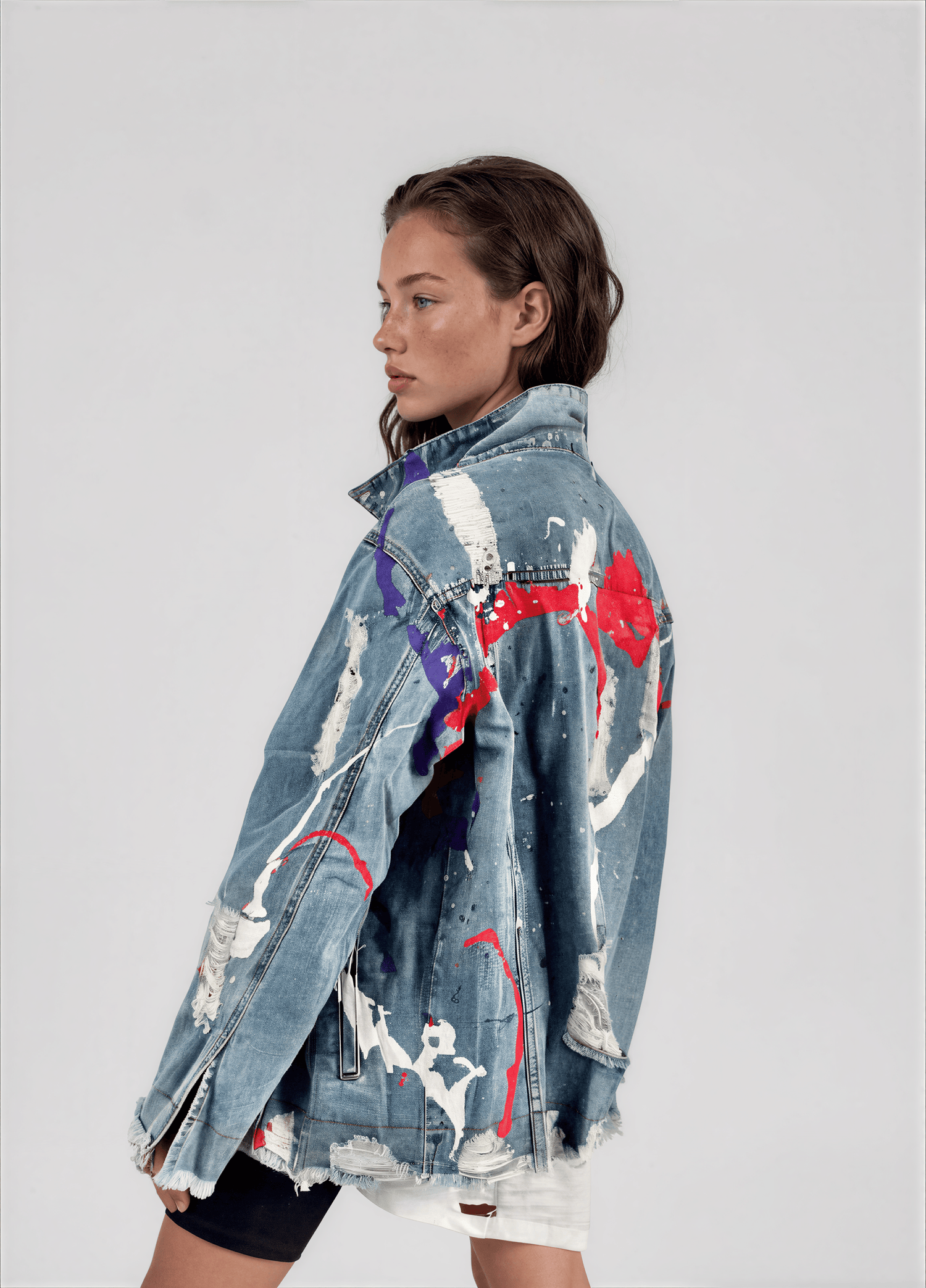 Wren + Glory JACKETS Women’s Oversized Denim Jacket – Hand-Painted Splatter Design – Wren + Glory – Made in USA