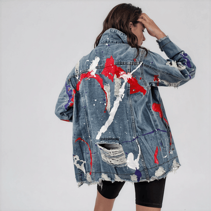 Wren + Glory JACKETS Women’s Oversized Denim Jacket – Hand-Painted Splatter Design – Wren + Glory – Made in USA