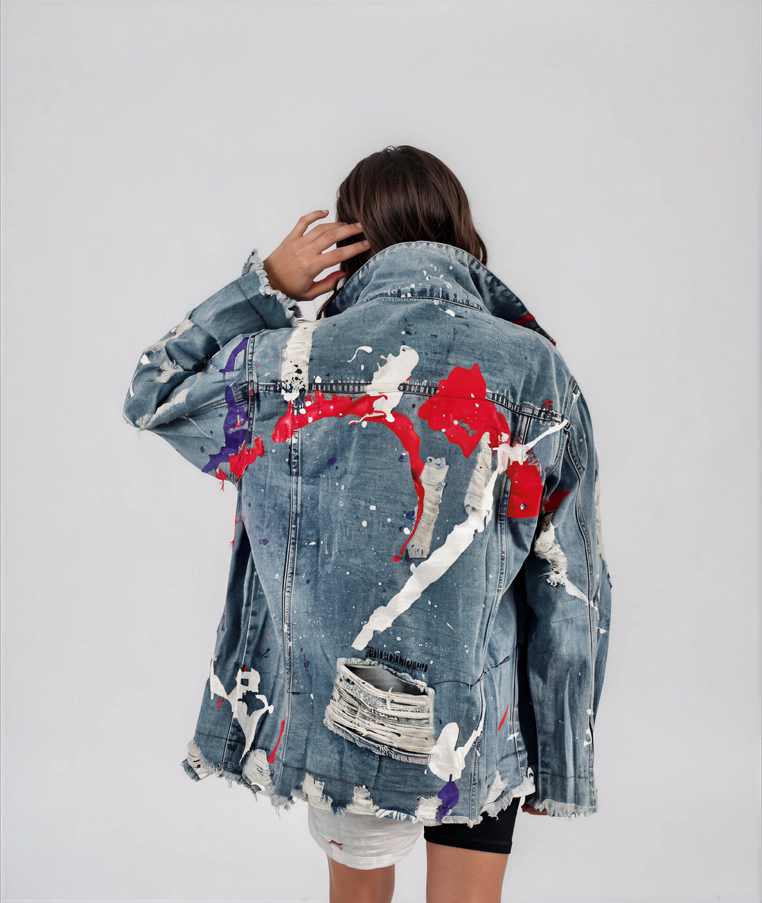 Women’s Oversized Denim Jacket – Hand-Painted Splatter Design – Wren + Glory – Made in USA