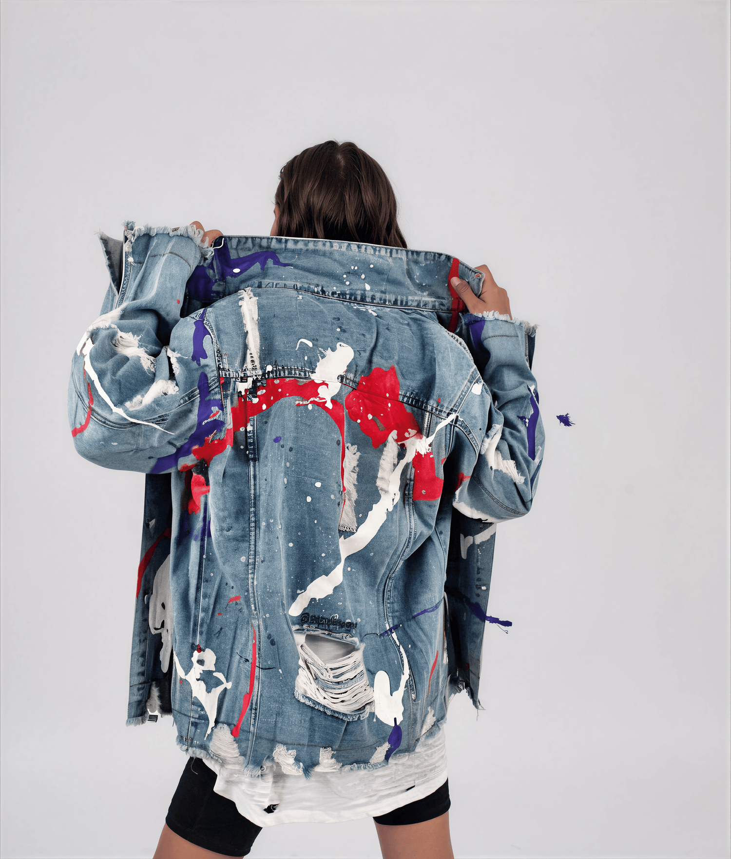 Wren + Glory JACKETS Women’s Oversized Denim Jacket – Hand-Painted Splatter Design – Wren + Glory – Made in USA