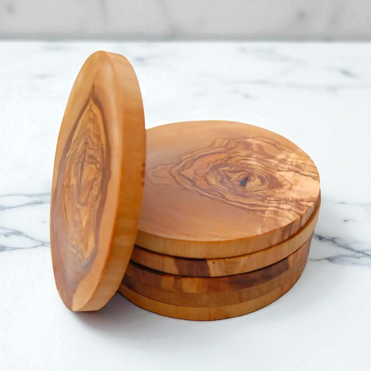 Round Rustic Olive Wood Coasters - My American Goods