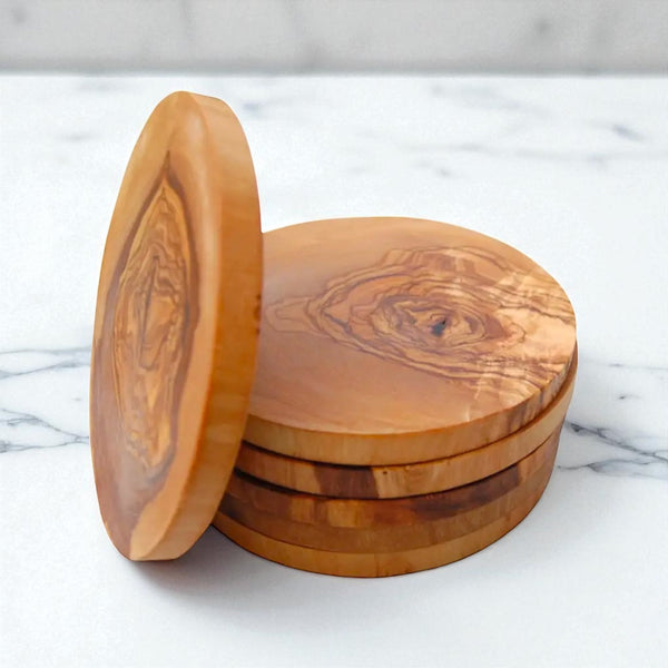 Round Rustic Olive Wood Coasters - My American Goods