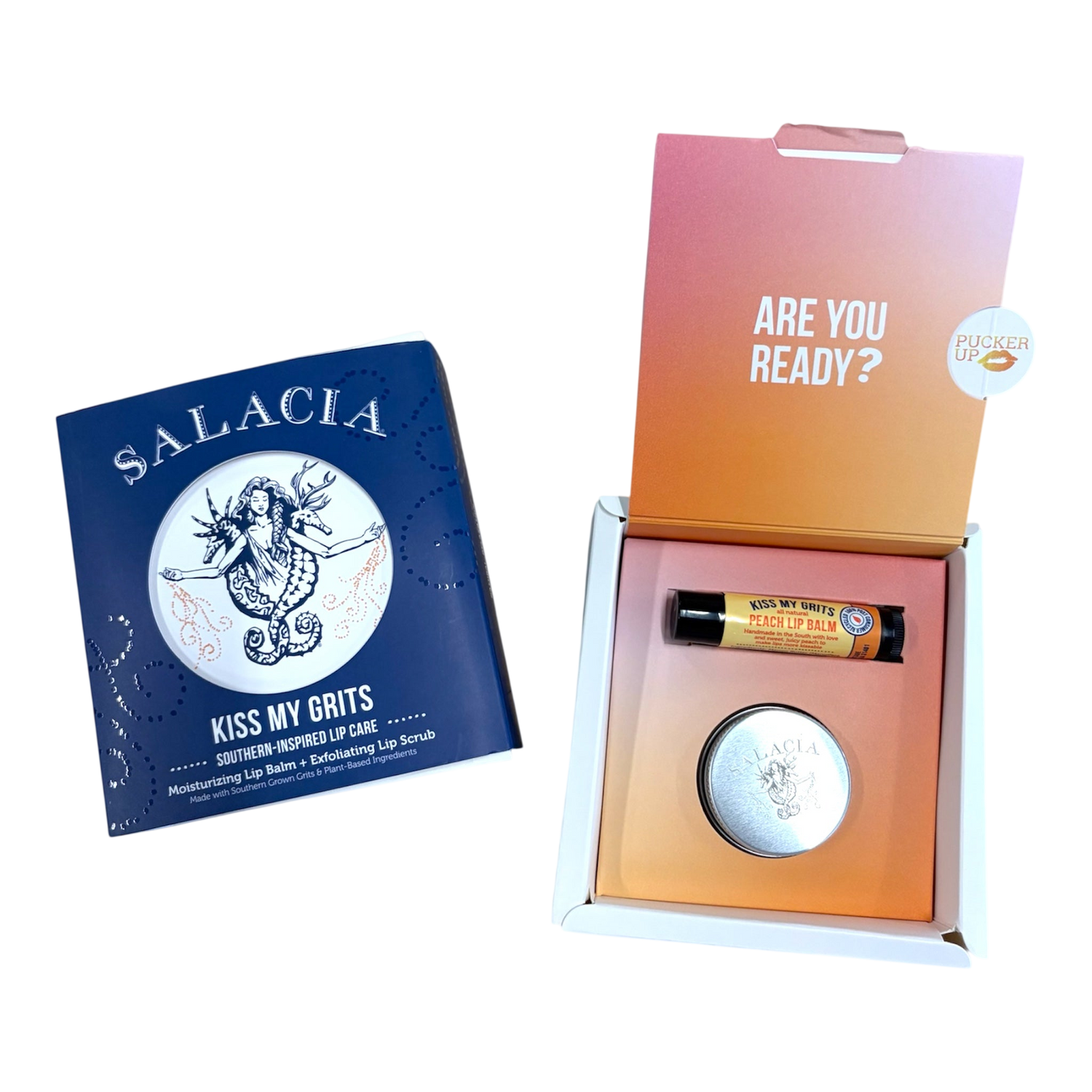 Peach Flavored Kiss My Grits Lip Balm and Exfoliating Lip Scrub Duo