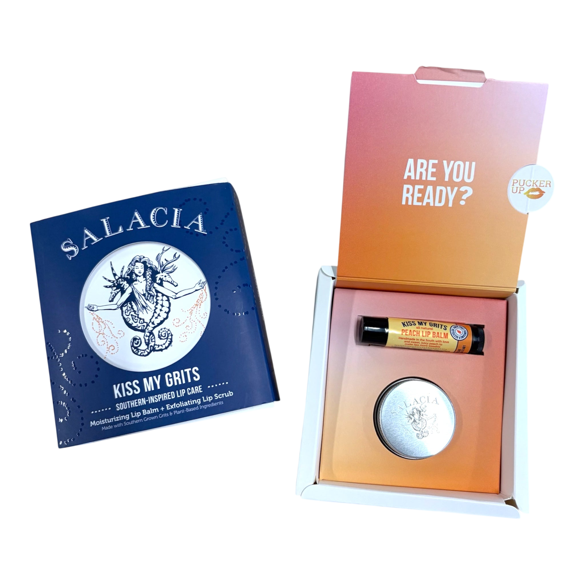 Peach Flavored Kiss My Grits Lip Balm and Exfoliating Lip Scrub Duo