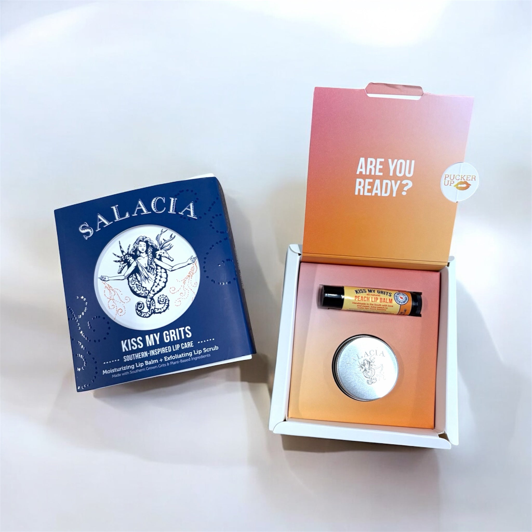 Peach Flavored Kiss My Grits Lip Balm and Exfoliating Lip Scrub Duo