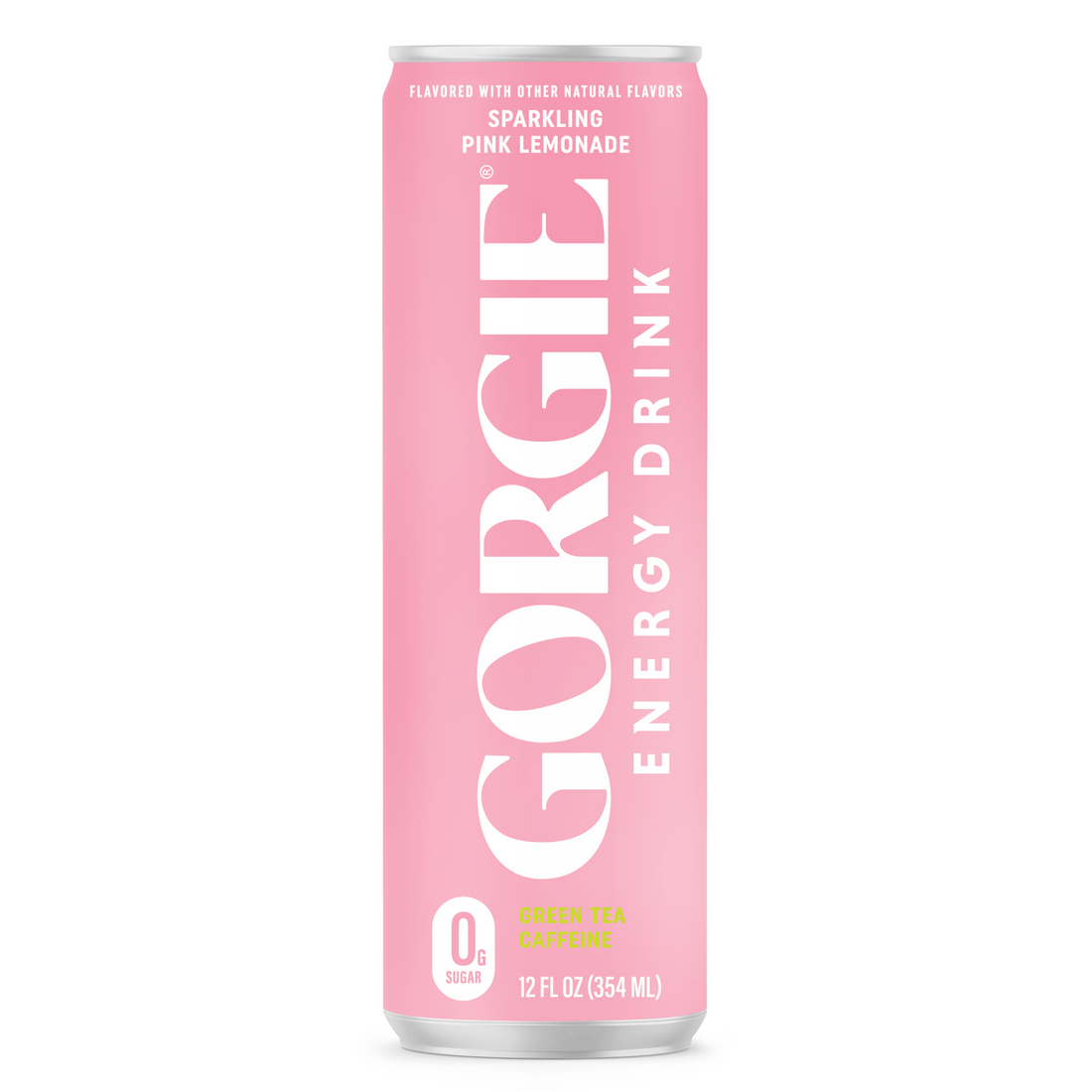 Pink can of GORGEIE sparkling pink lemonade energy drink on a white background