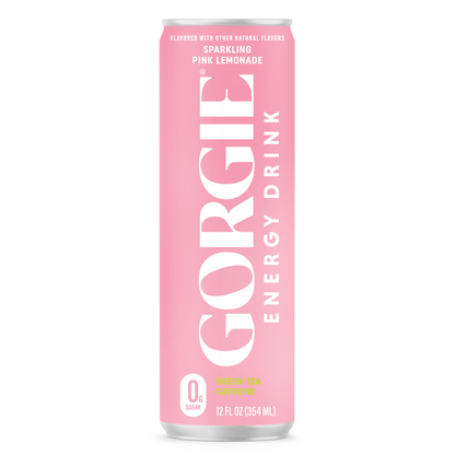 Pink can of GORGEIE sparkling pink lemonade energy drink on a white background