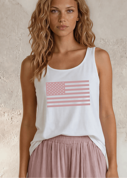 Crazy Cozy Cool Sleeveless Tops and Tanks White / Pink USA Flag / Small Patriotic Pink USA Flag Cotton Tank Made in USA
