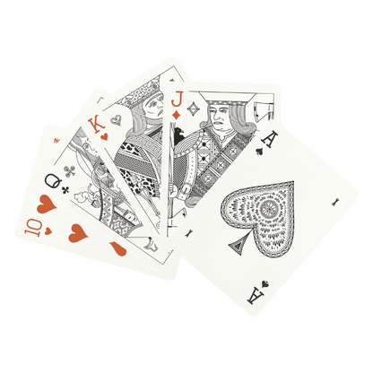 Black and white playing cards with red accents on a white background