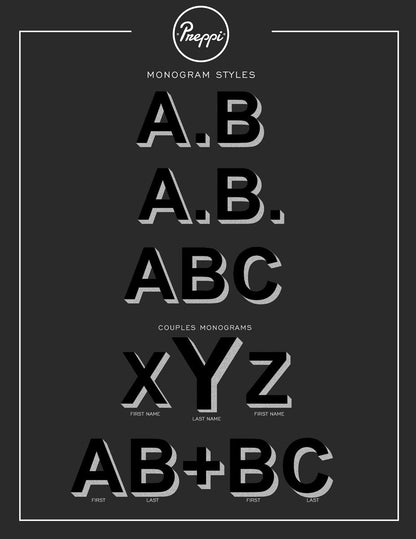 Monogram style chart with various monogram designs on a black background