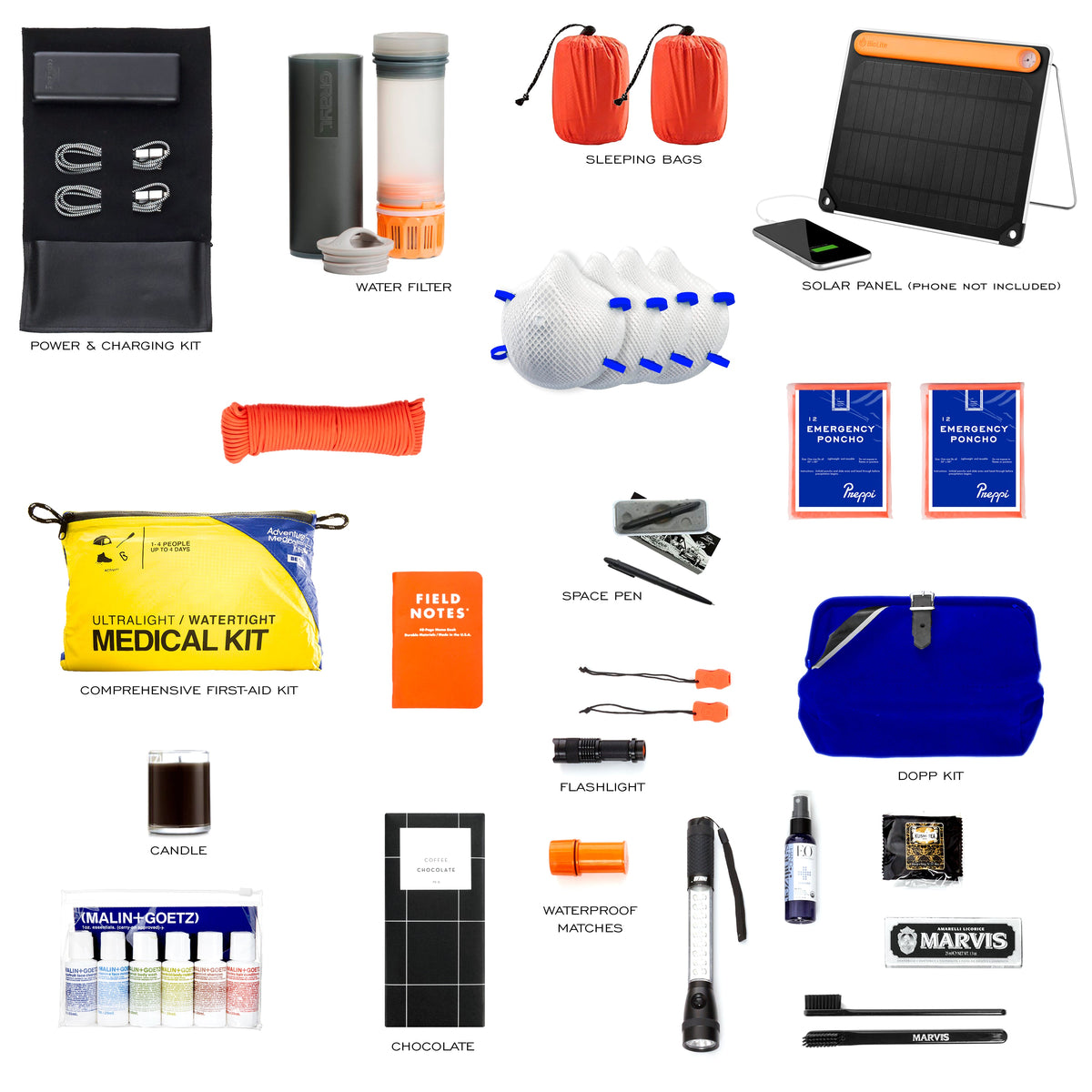 Collection of outdoor survival gear including sleeping bags, water filter, solar panel, medical kit, and other supplies on a white background.