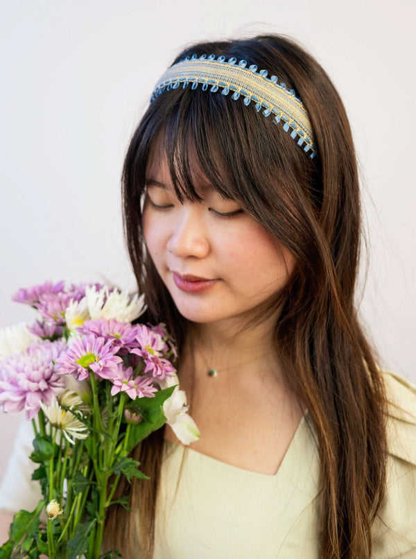 Felicity Blue and Tan Woven Headband with Ribbon Embroidery - My American Goods
