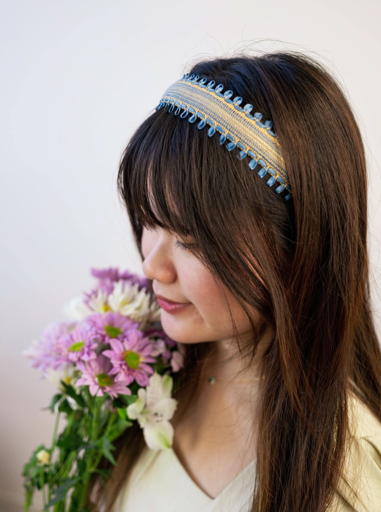 Ash &amp; Rose Felicity Blue and Tan Woven Headband with Ribbon Embroidery