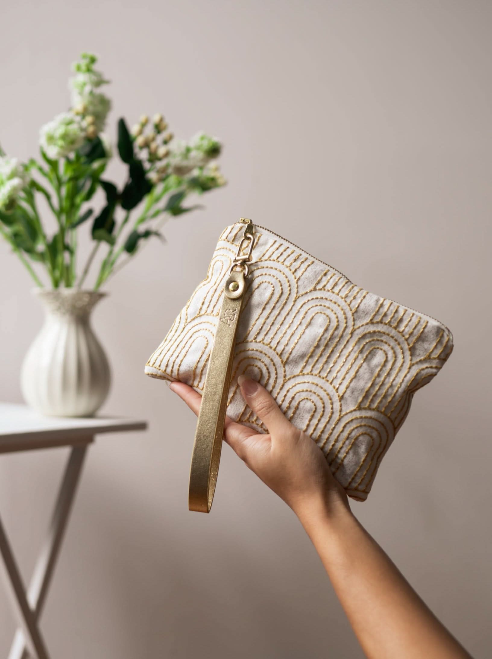 Ash &amp; Rose purse Josephine Embroidered Gold and White Wristlet Purse