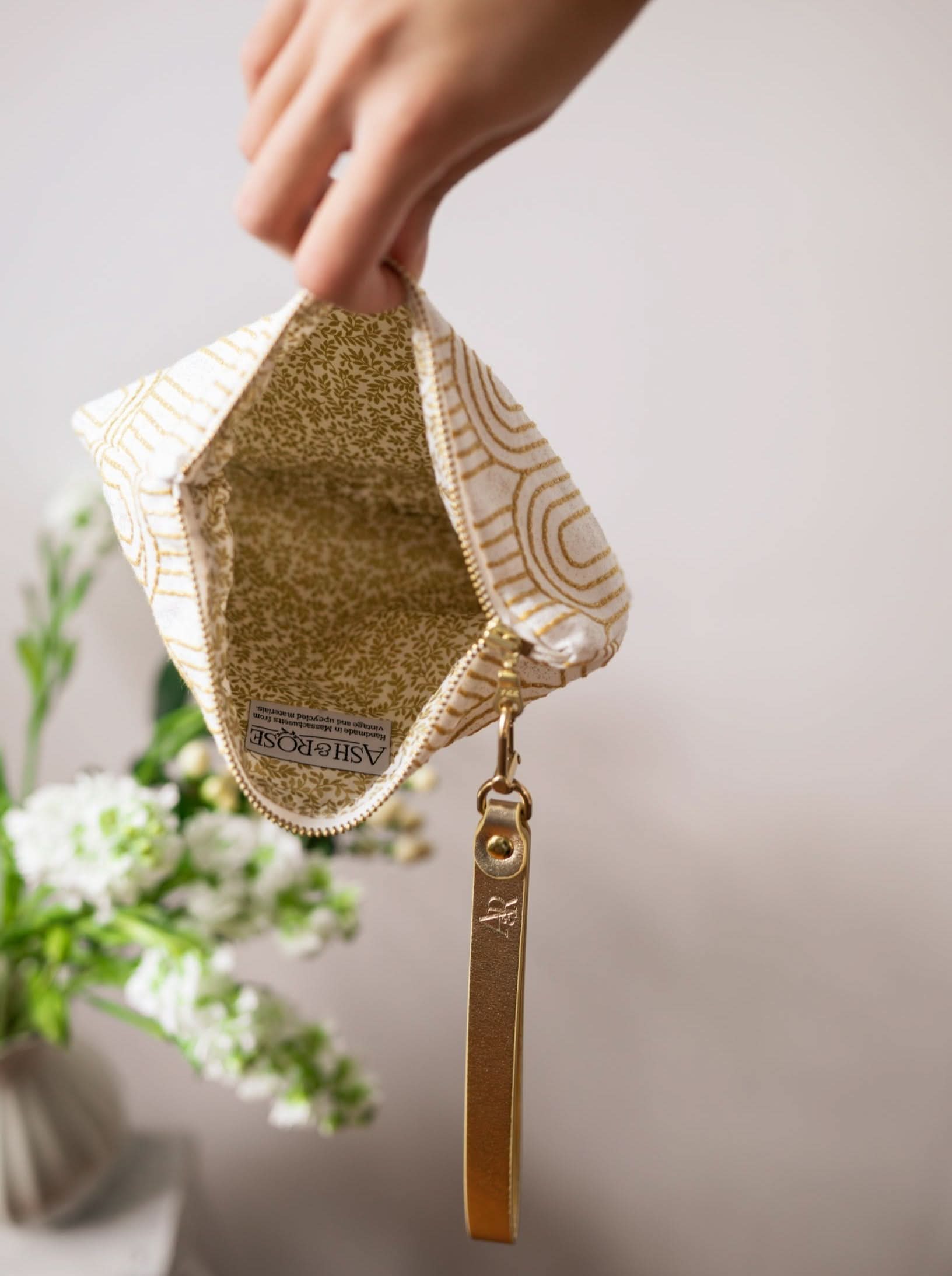 Ash &amp; Rose purse Josephine Embroidered Gold and White Wristlet Purse
