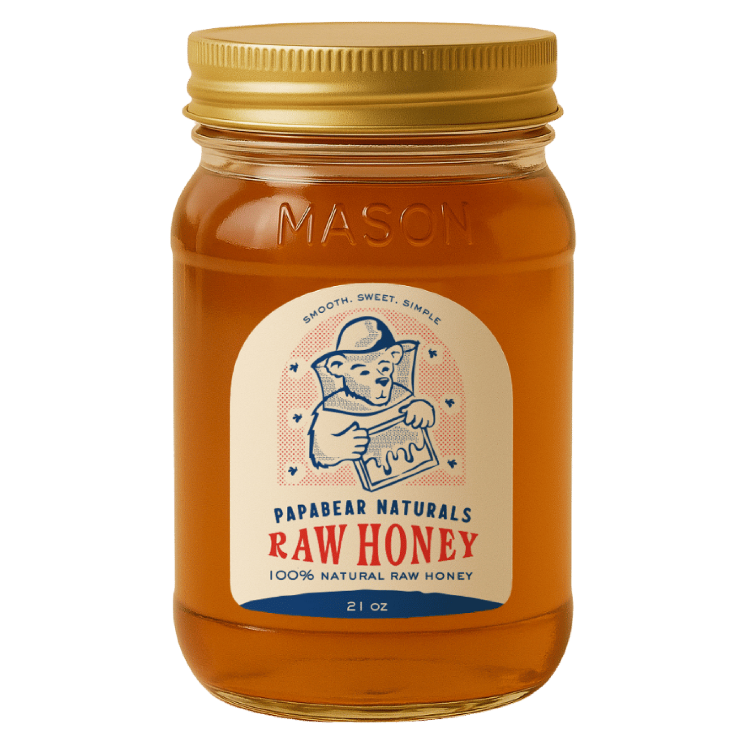 Jar of Papabeard Naturals Raw Honey with a gold lid on a white background