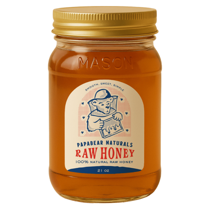 Jar of Papabeard Naturals Raw Honey with a gold lid on a white background