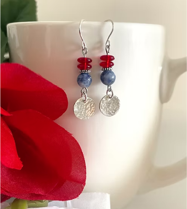 Red white blue silver disc earrings