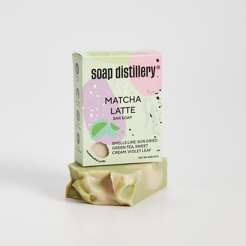Matcha Latte bar soap with packaging on a white background