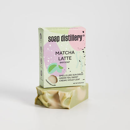 Matcha Latte bar soap with packaging on a white background