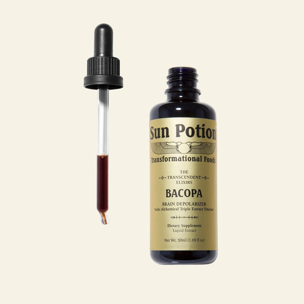 Bottle of Sun Potion Bacopa with dropper on a white background