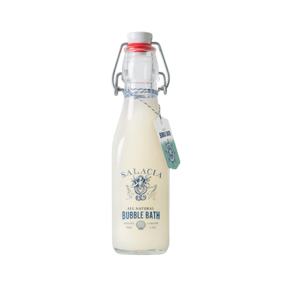 Bottle of Salacia bubble bath with a white background
