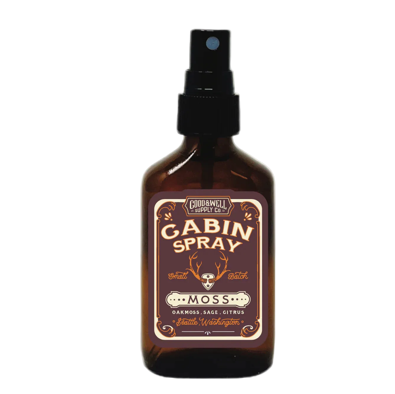Bottle of Cabin Spray with label on a white background