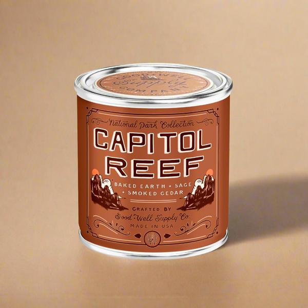Capitol Reef canned product with brown label on a white background