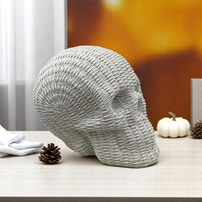 Skull Me Rattan-Style Skull Decor – Natural &amp; White Resin