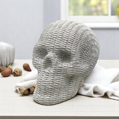 Skull Me Rattan-Style Skull Decor – Natural &amp; White Resin
