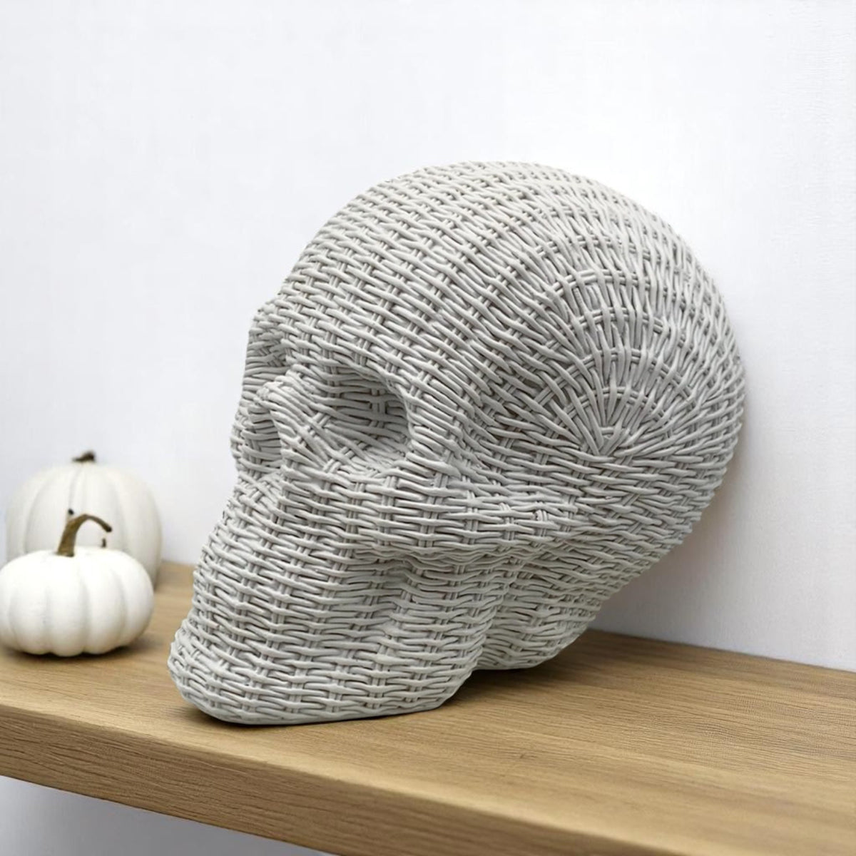 Skull Me Rattan-Style Skull Decor – Natural &amp; White Resin