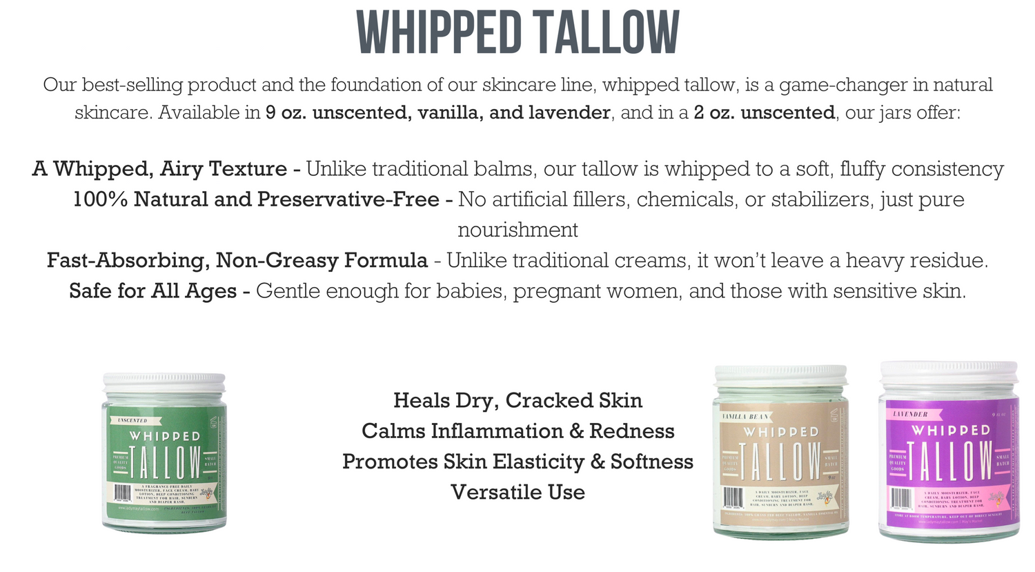 Natural Beef Tallow Skincare Collection - Lotion, Butter, Balm &amp; Whipped