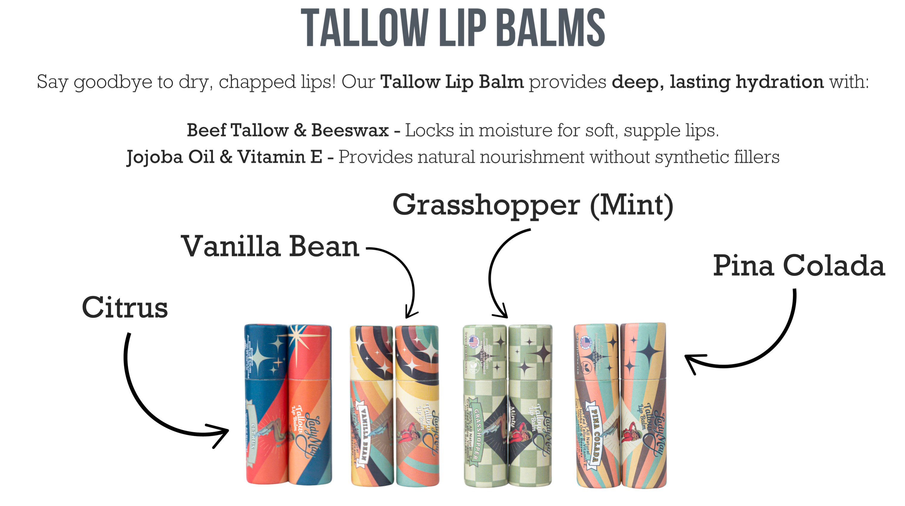 Tallow Lip Balm Multipack - Citrus, Vanilla, Mint, Pina Colada