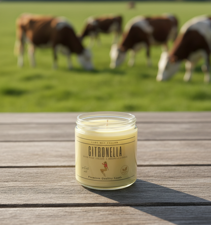Citronella candle in a glass jar on a decorative metal surface