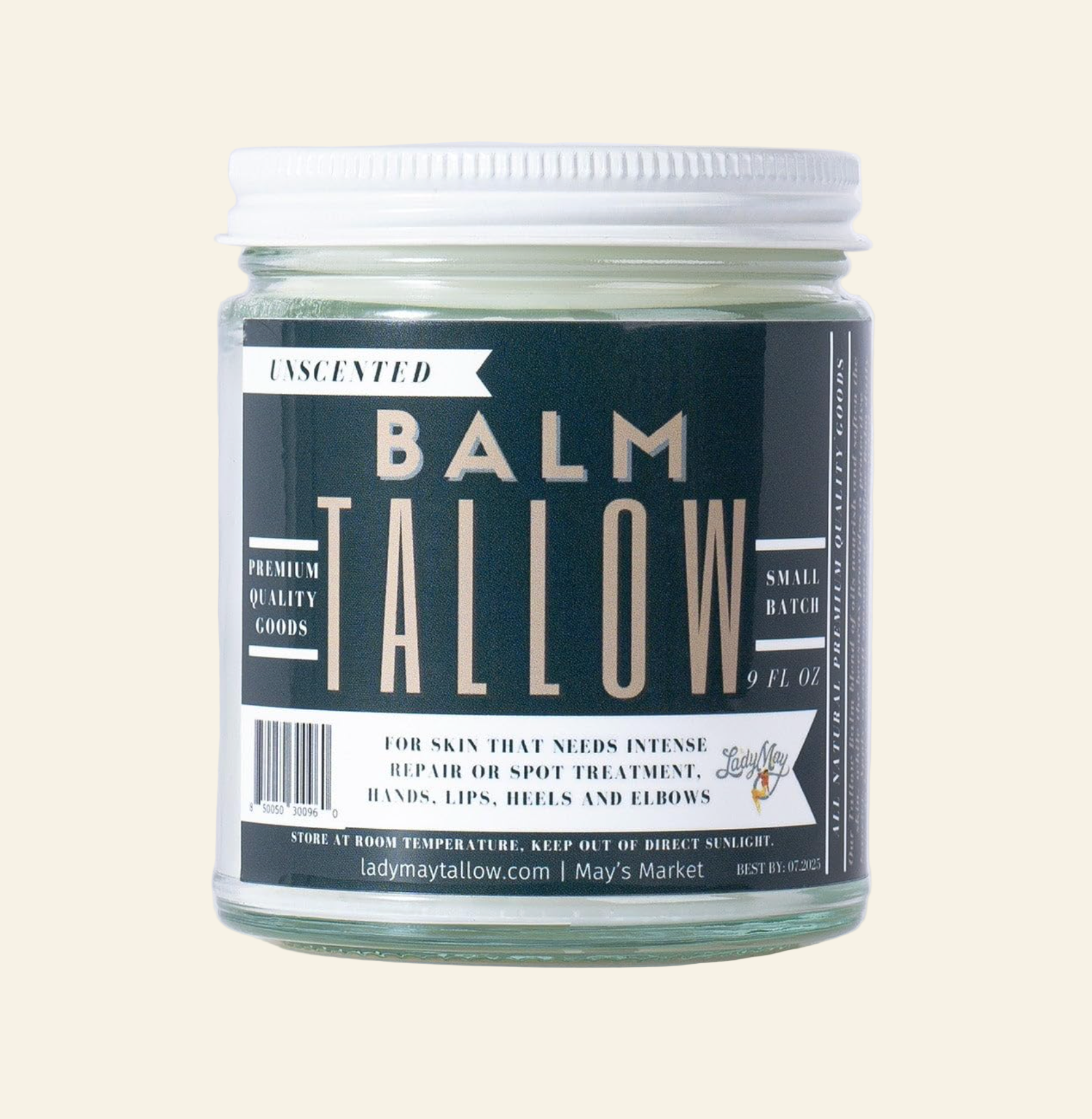 Jar of Balm Tallow with a label on a white background