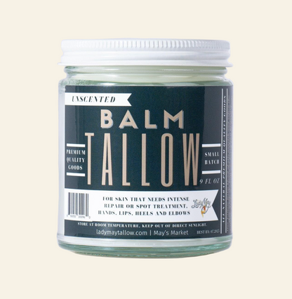 Jar of Balm Tallow with a label on a white background