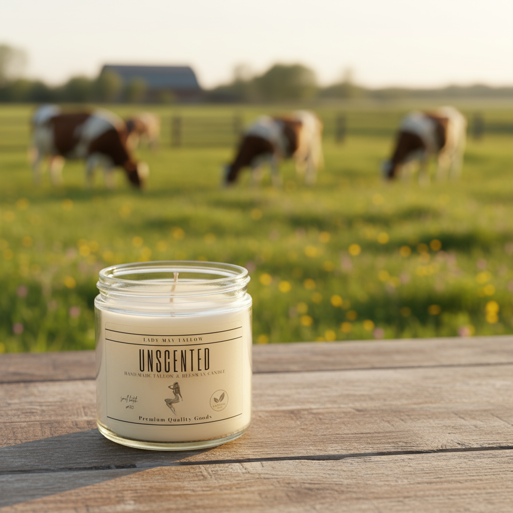 Unscented candle in a glass jar with a label on a textured surface